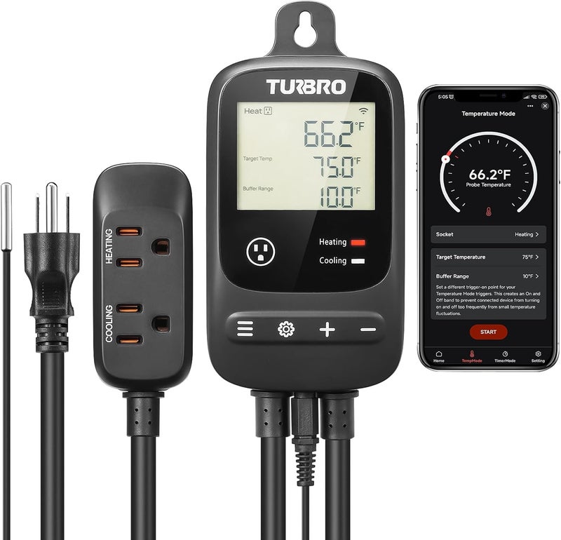 TURBRO Smart Temperature Controller Heating Cooling, WiFi-Enabled Thermostat with Timer and Temperature Monitoring for Home Brewing, Seedling, Greenhouse, and Reptile Terrarium, TC01 - Image 1